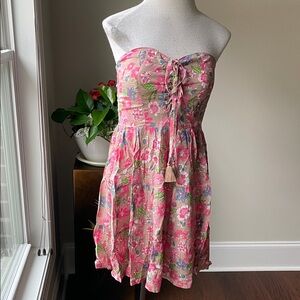 Tiare Hawaii Pink Floral Strapless Mini with Lace-Up Tassels